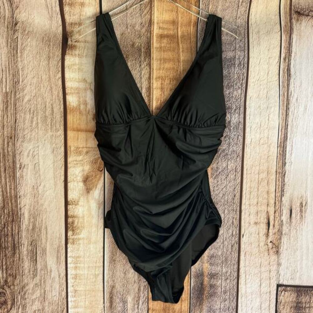 J.Crew Swimsuit One Piece Black Ruched V-Neck Beach Vacation Resort Size 16 NWT